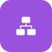 White hierarchical structure icon with three connected boxes on a purple rounded square background.