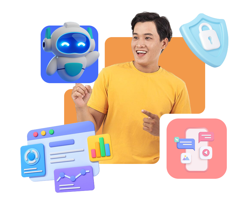 A smiling person in a yellow shirt stands among floating digital icons, including a robot, security shield, charts, and mobile app screens.