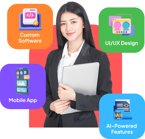 A woman holding a laptop stands surrounded by icons labeled Custom Software, UI/UX Design, Mobile App, and AI-Powered Features.