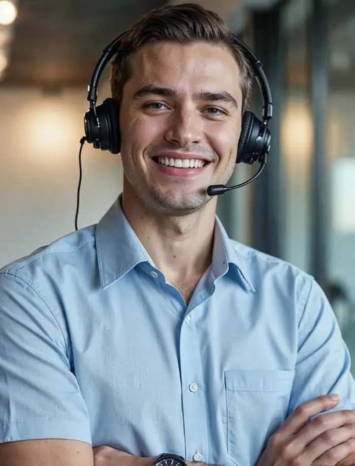 A man wearing a light blue shirt and a headset with a microphone smiles while standing indoors with his arms crossed.