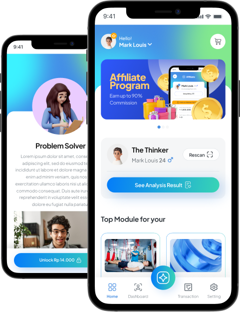 Two smartphone screens display a mobile app interface featuring user profiles, modules, an affiliate program ad, and navigation icons at the bottom.